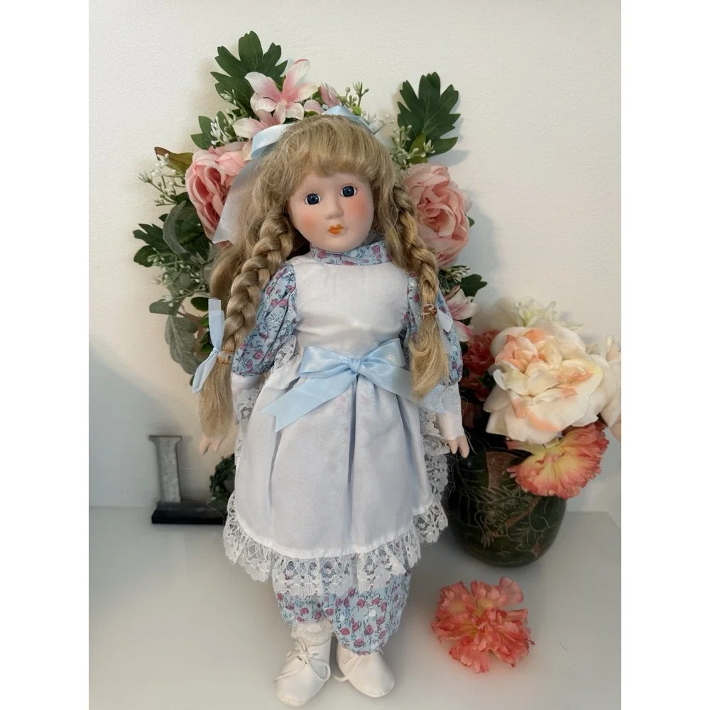 Porcelain Doll Blond Braids Hair Floral Print & White Lace Dress 16